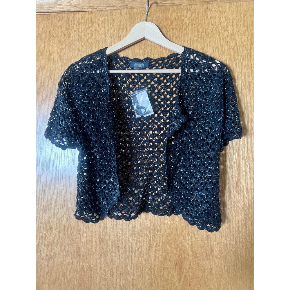 Dressbarn Collection Black Metallic Silver Knit Shrug Open Front Sweater chic